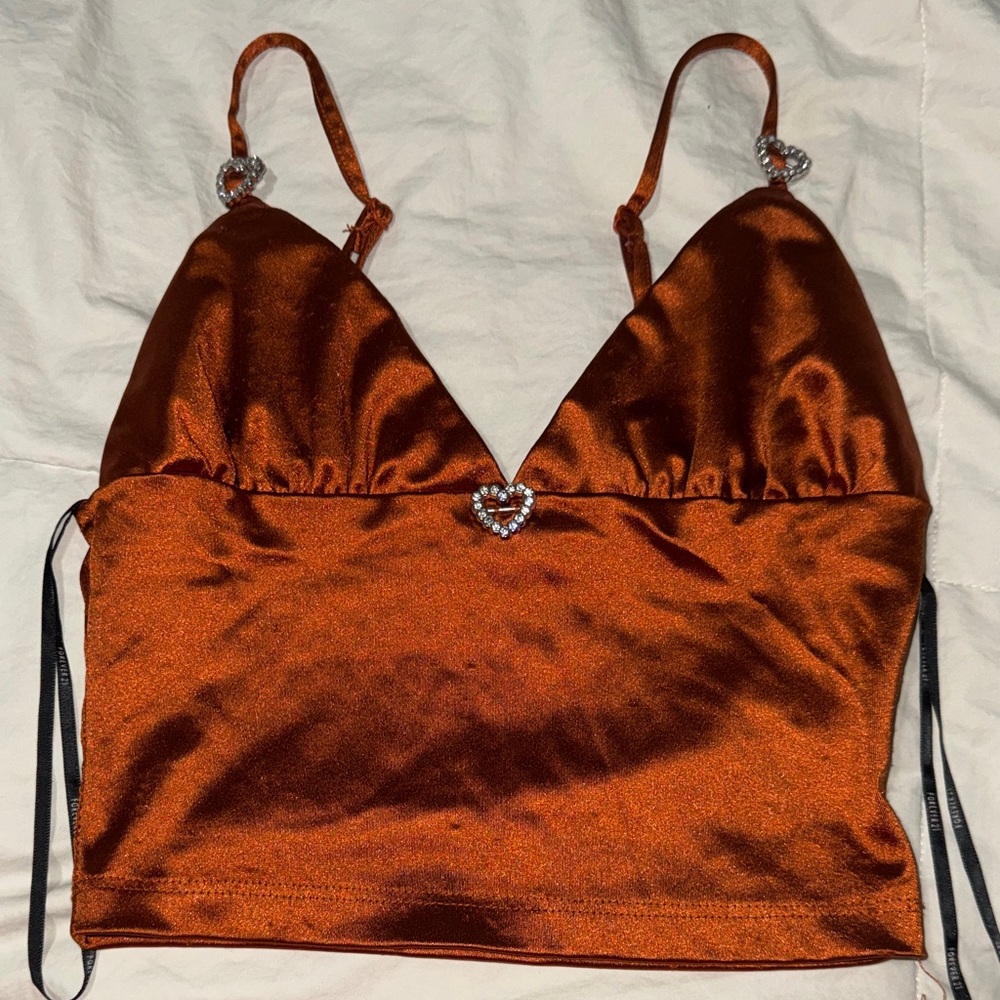 Forever 21 Rust Satin Crop Cami with Rhinestone Heart